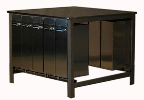 A photograph of a square steel table, with one row of five tall swing-out drawers facing the viewer, and another row of drawers partially hidden from view