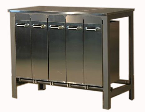 A photograph of a narrow steel table with one row of five tall swing-out drawers facing the viewer