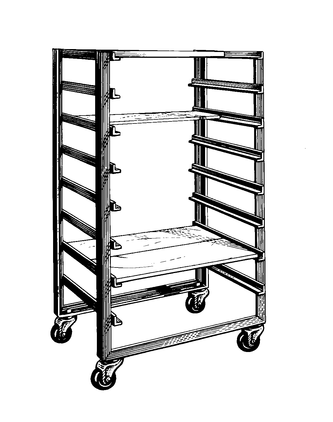 Black and white drawing of a wheeled cart with a frame for sliding in 8 shelves, which are not pictured